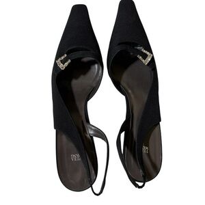 Vera Wang Black Satin Rhinestone Embellished Slingback Kitten Heels NWOB